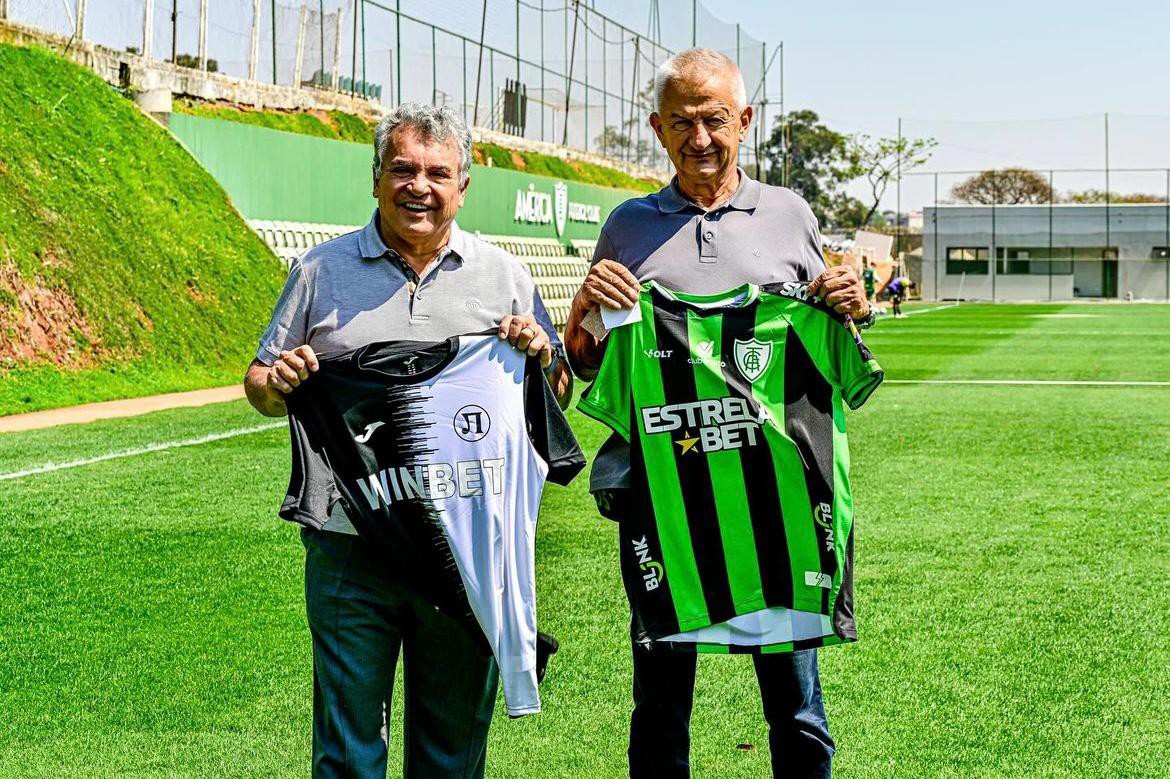 Hristo Krusharski, presidente do clube Búlgaro, e Alencar da Silveira Jr, e Alencar da Silveira JR, Presidente do Conselho de Administração do América, se reuniram no CT Lanna Drumond nesta quinta (12)