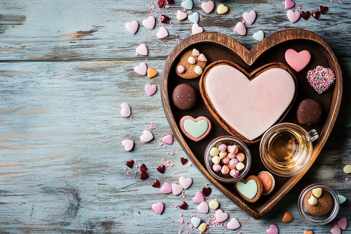 Heart shaped tray of cookies candies and tea for Valentines Day