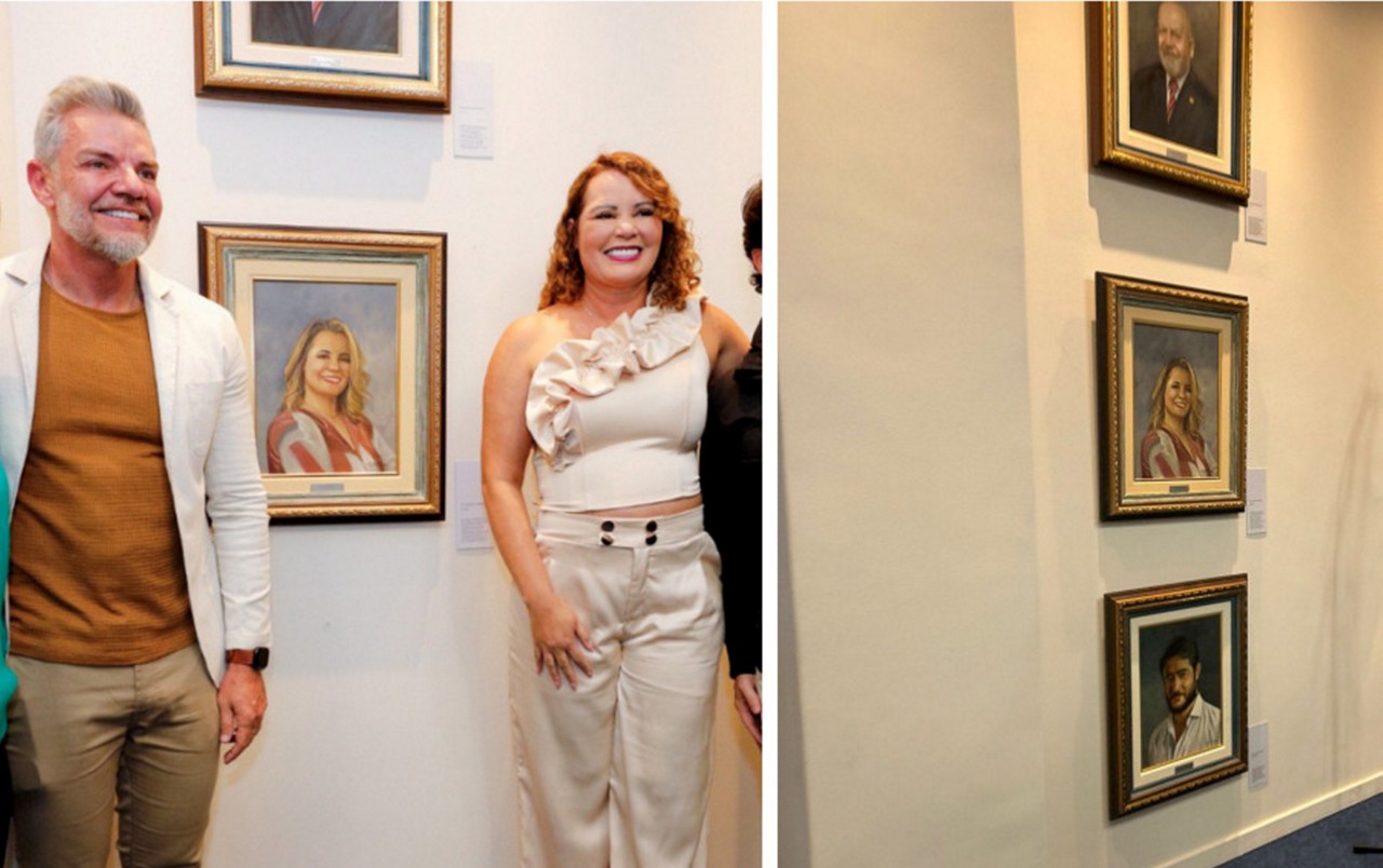 Antes e depois: Juliano Lopes e Nely Aquino, na reinstalação da galeria de presidentes da Câmara de BH, sem o quadro de Gabriel Azevedo, que só foi colocado após solenidade