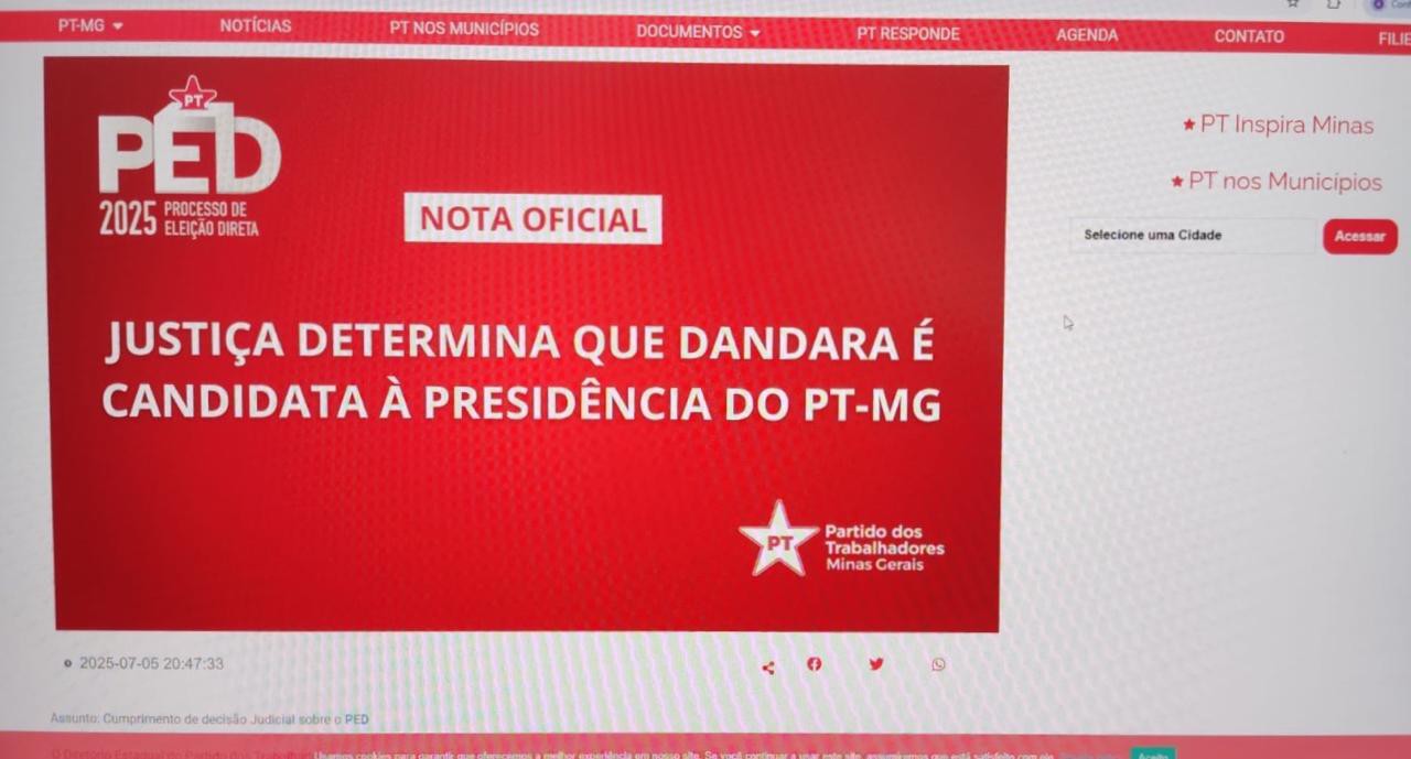 Site do PT-MG mantém como destaque comunicado sobre participação da deputada federal Dandara na eleição para o comando da legenda no estado.