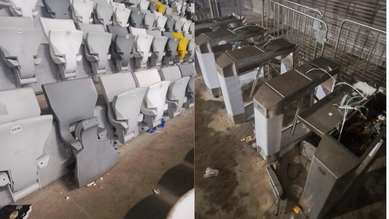 Cadeiras, câmeras de segurança e catracas foram destruídas no setor visitante da Arena MRV