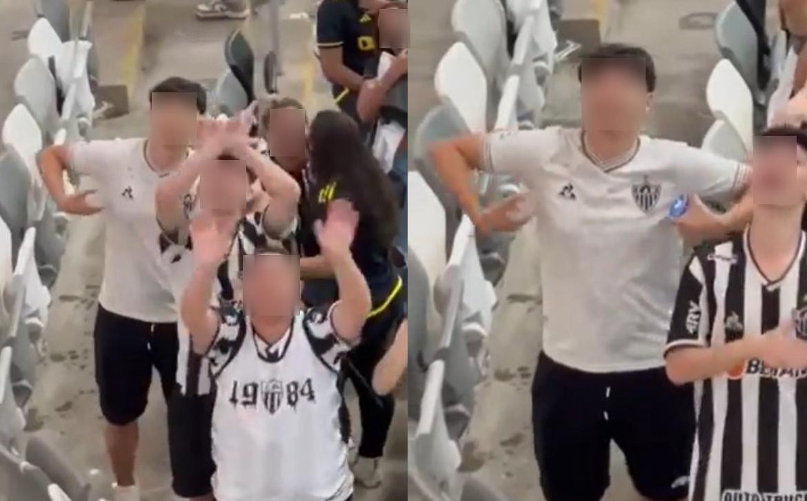 Jovens torcedores do Atlético que estariam fazendo gestos racistas dentro da Arena MRV