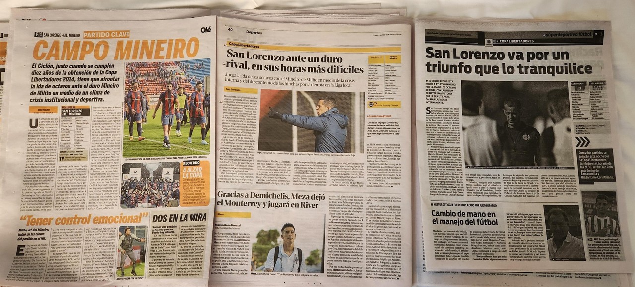 Páginas de jornais da Argentina que destacam presença do Atlético diante do San Lorenzo, pela Libertadores