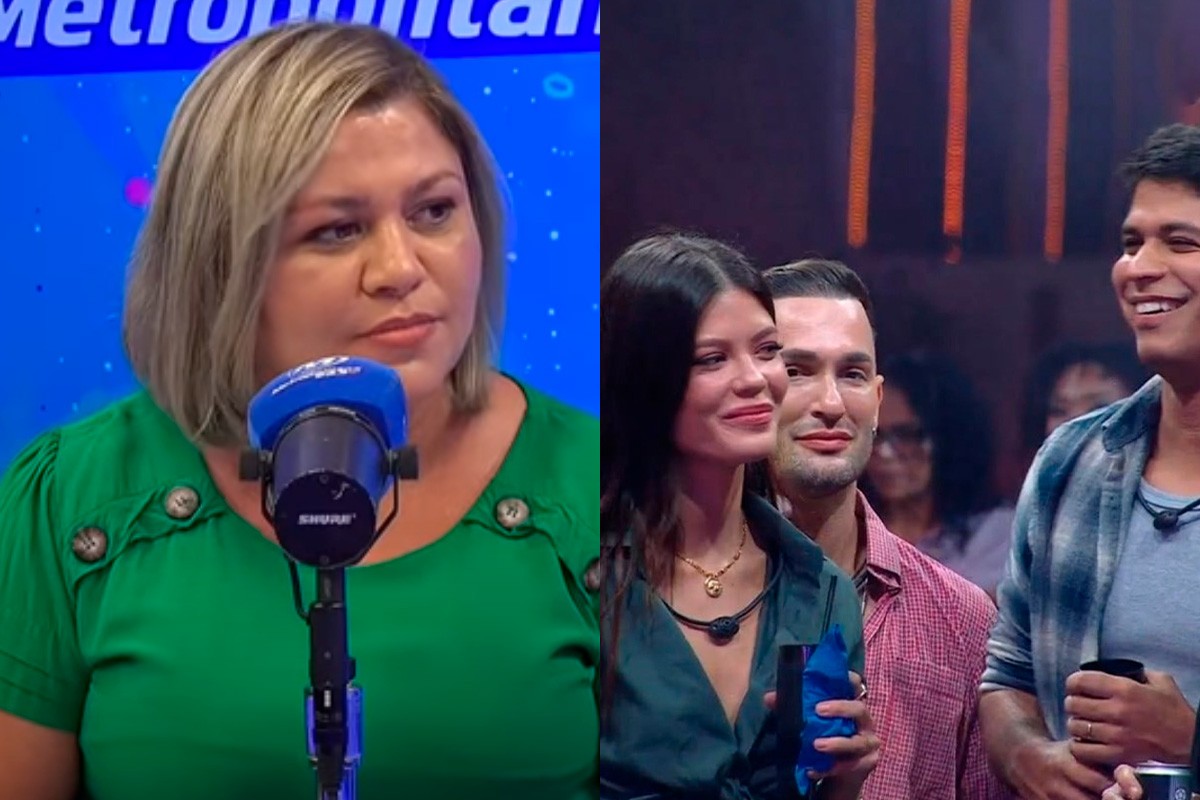Lene Sensitiva no programa Chupim, da Metropolitana FM, à esq; Lene Sensitiva, Diego Hypolito e Guilherme no BBB 25 à dir