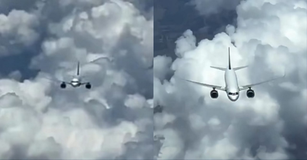 Nas imagens é possível perceber que no momento em que o avião que voava mais baixo estava "de lado"