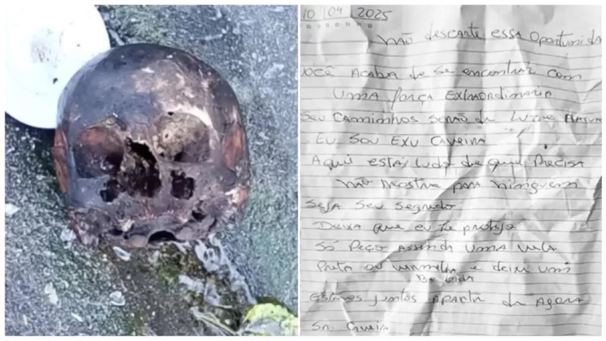 Carta e crânio encontrados por um policial na rodovia dos Imigrantes, em Cubatão (SP)