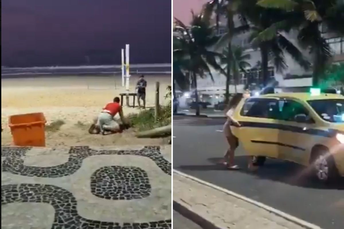 Câmeras de segurança mostram turista cambaleando no calçadão de Copacabana; suspeitas fogem de Táxi
