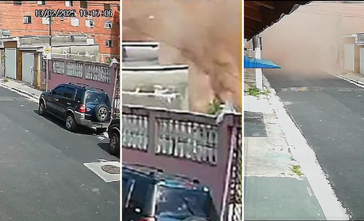 Câmera de segurança registrou o momento do desabamento. Uma nuvem de poeira tomou conta da rua