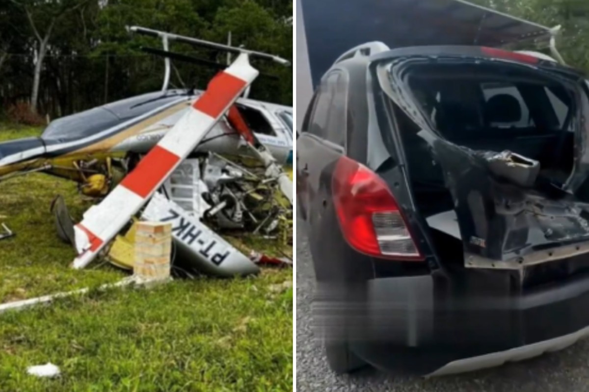 Hélice de helicóptero que caiu em Santa Catarina atingiu um carro estacionado perto do local do acidente