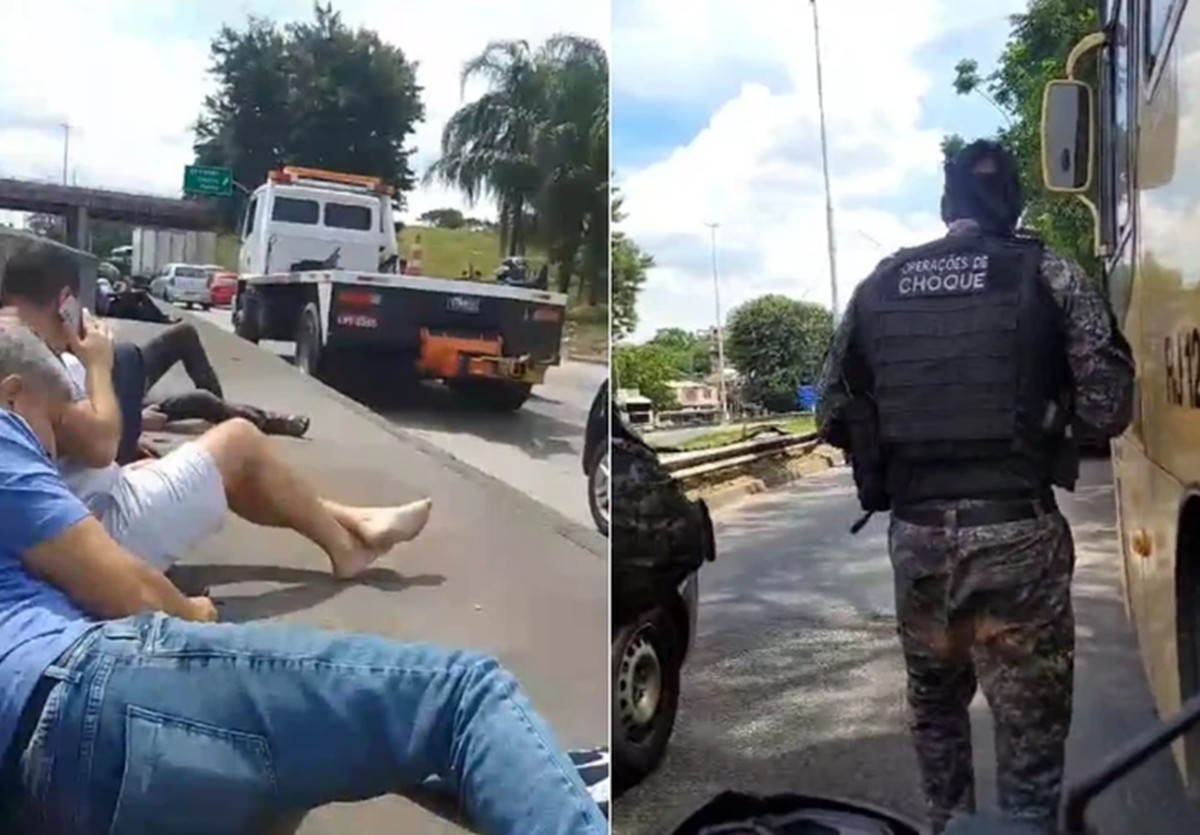 Motoristas saindo de seus carros e se abaixando para fugir das balas no Rio de Janeiro 