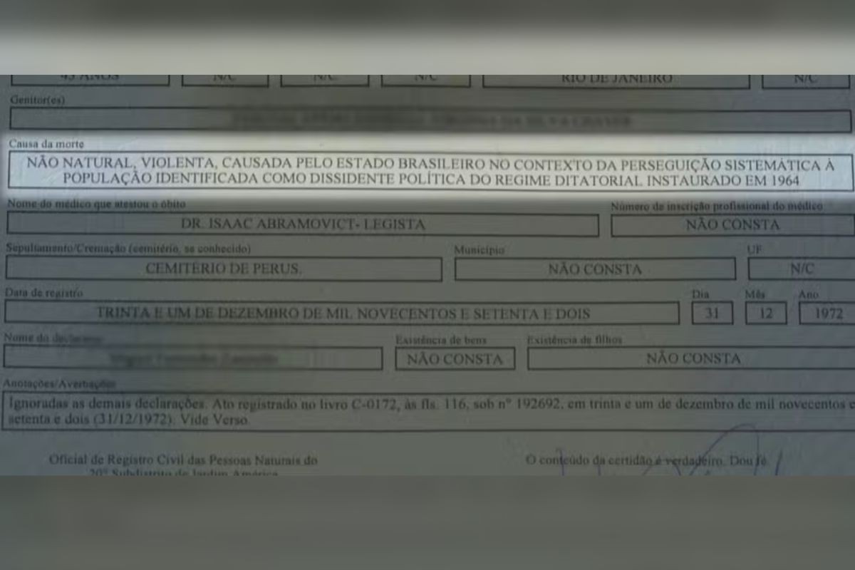 Certidão de óbito de Rubens Paiva corrigida
