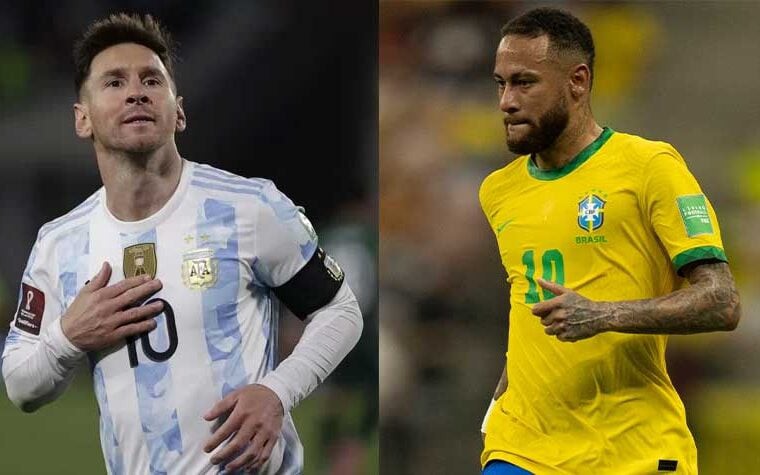 Neymar e Messi durante confronto entre Brasil e Argentina pelas Eliminatórias da Copa do Mundo. (Montagem LANCE!)