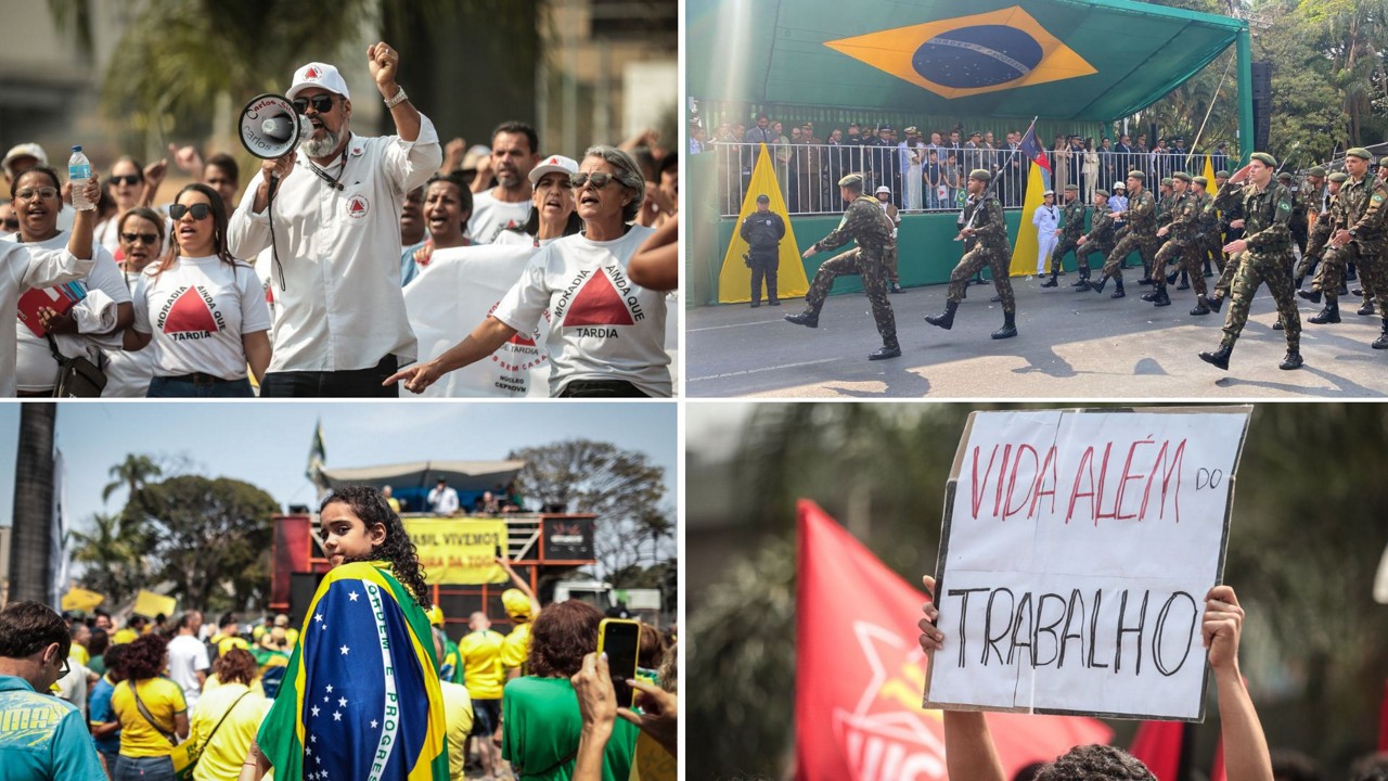 Desfile cívico-militar e protestos de grupos de direita e esquerda movimentaram manhã de feriado na capital mineira. 