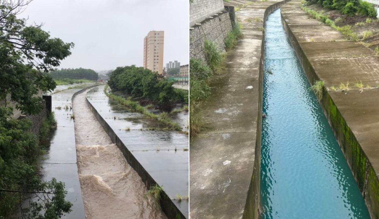 Montagem de fotos compara a cor da água no córrego Ferrugem, em Contagem, na terça (14) e na quarta-feira (15)
