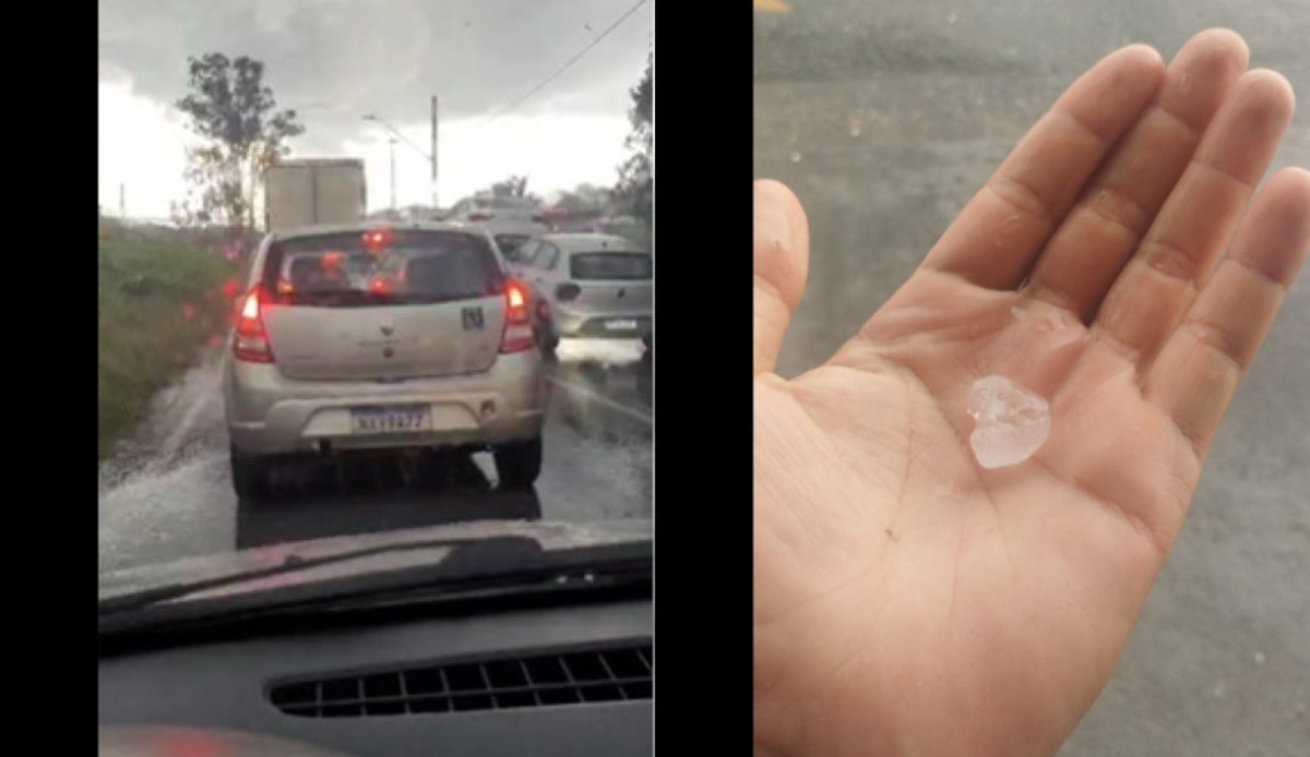 Chuva de granizo causa congestionamento no Anel Rodoviário, em BH