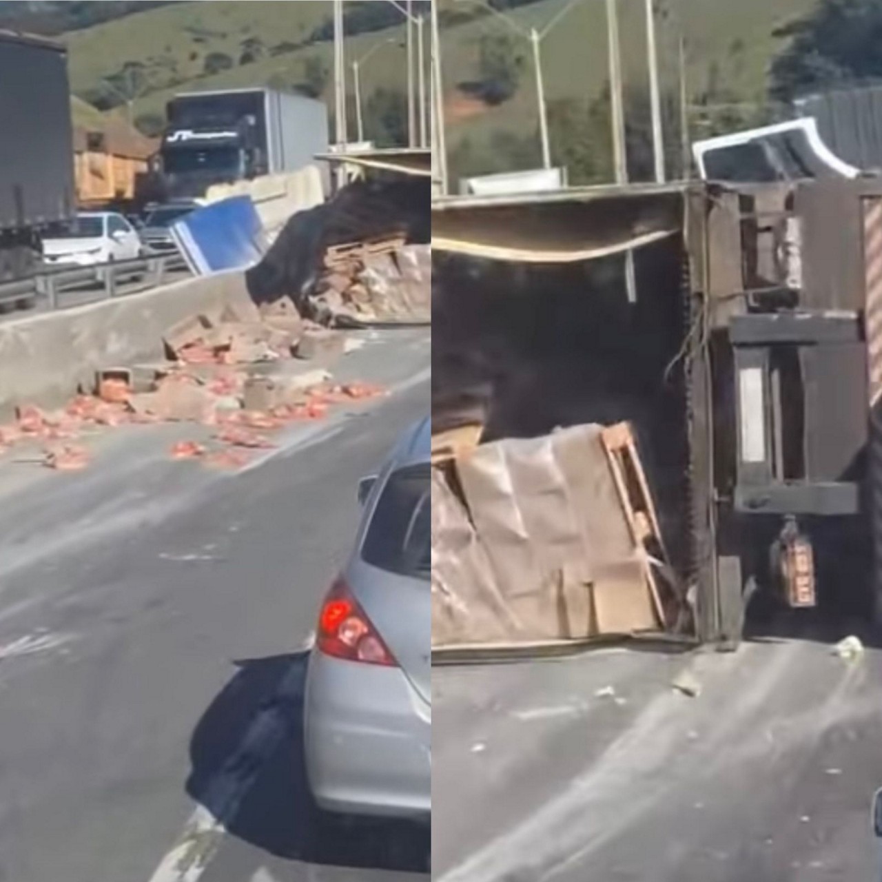 Carreta com 26 toneladas de batata congelada tomba e causa lentidão na Fernão Dias
