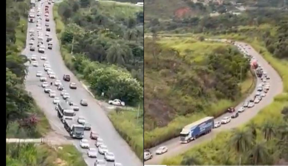 Polícia Rodoviária Federal gravou um vídeo aéreo do congestionamento na BR-381
