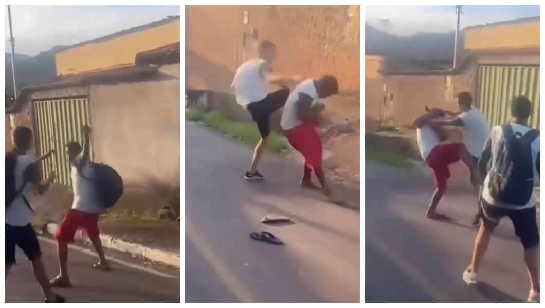 Nas imagens é possível ver dois adolescentes, de 13 e 14 anos, discutindo enquanto terceiros gritam