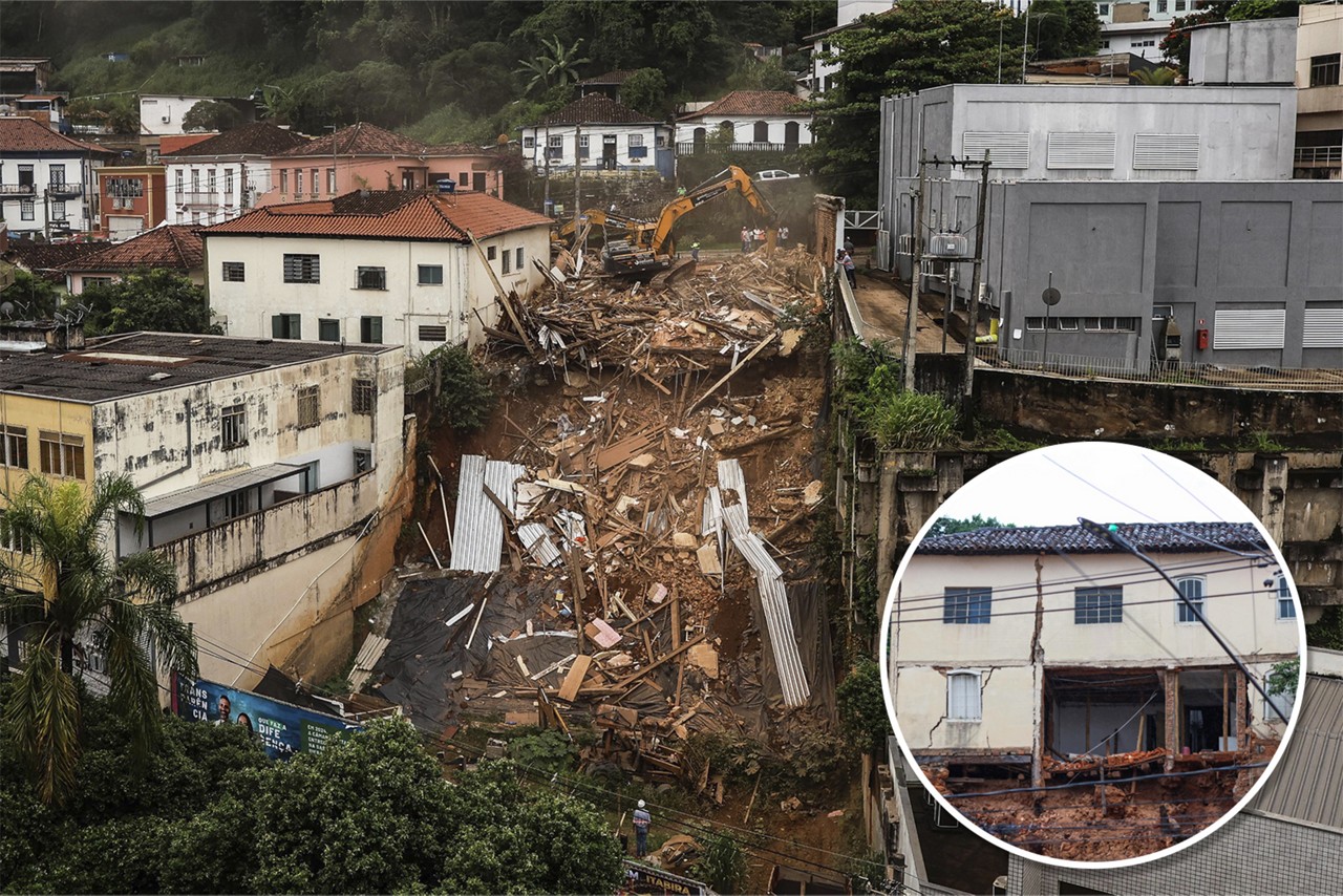 Casarão foi demolido por causa de danos estruturais; no detalhe a foto mostra o imóvel antes de vir abaixo 