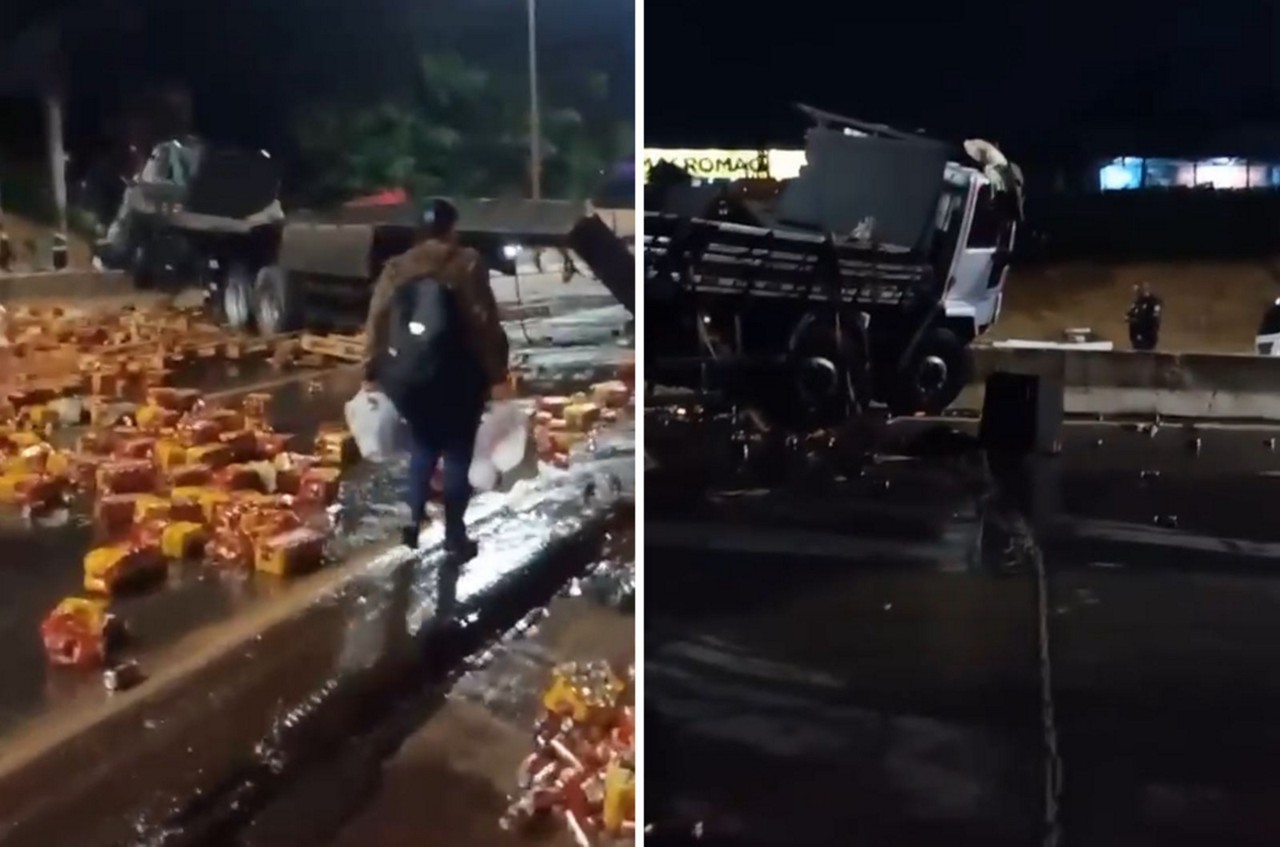 Caminhão carregado de cerveja tombou no Anel Rodoviário de BH  