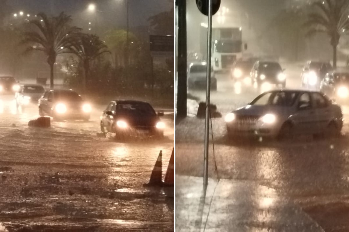 Chove forte na avenida Pio XII no Bairro Água Branca, em Contagem