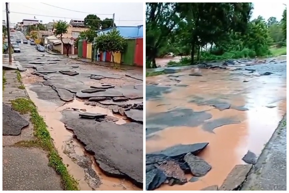 Placas de asfalto foram arrancadas com a força das águas 