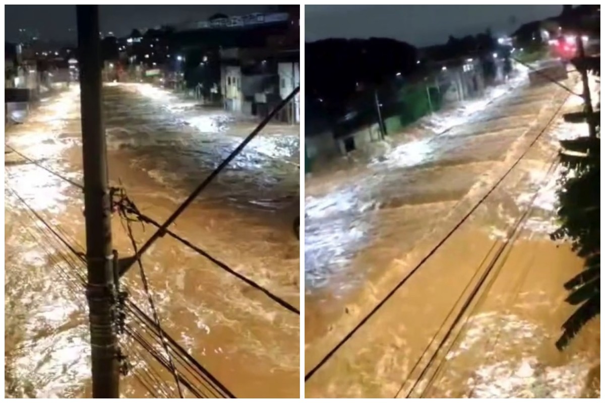 Avenida Tereza Cristina vira 'rio' durante chuva forte em BH 