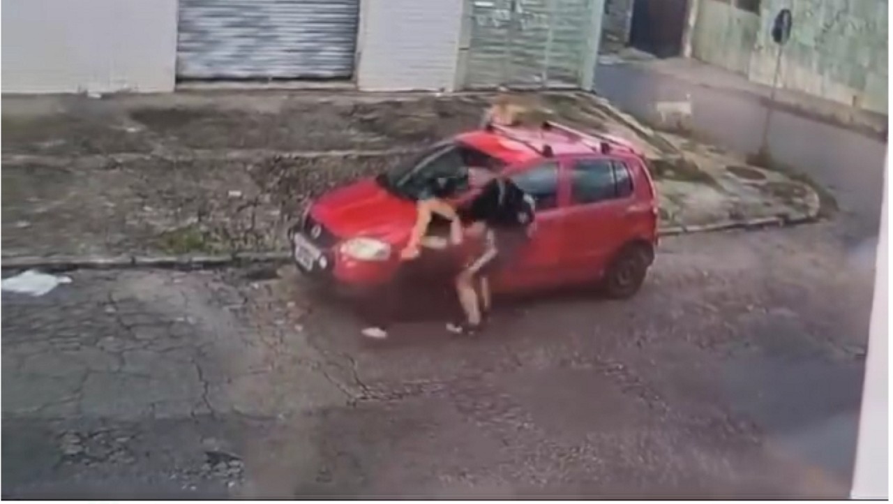 Vídeo registrou momento em que criminoso parte para cima de mulher e rouba o carro