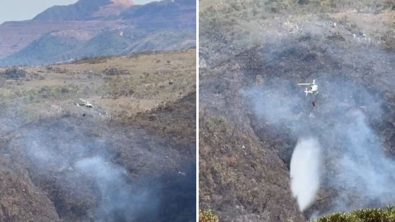Aeronave faz lançamento de água em incêndio na Serra do Rola-Moça