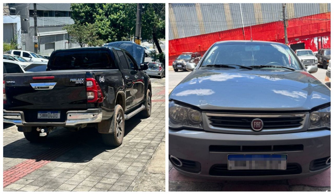 Toyota Hilux preta com placa adulterada e o Fiat Palio clonado apreendidos pela PCMG no dia 6 de fevereiro, no bairro Goiânia, região Nordeste de Belo Horizonte