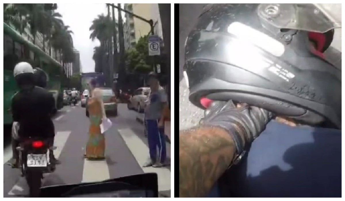 Vídeo mostra moto furando sinal e quase atingindo idosa na faixa de pedrestre
