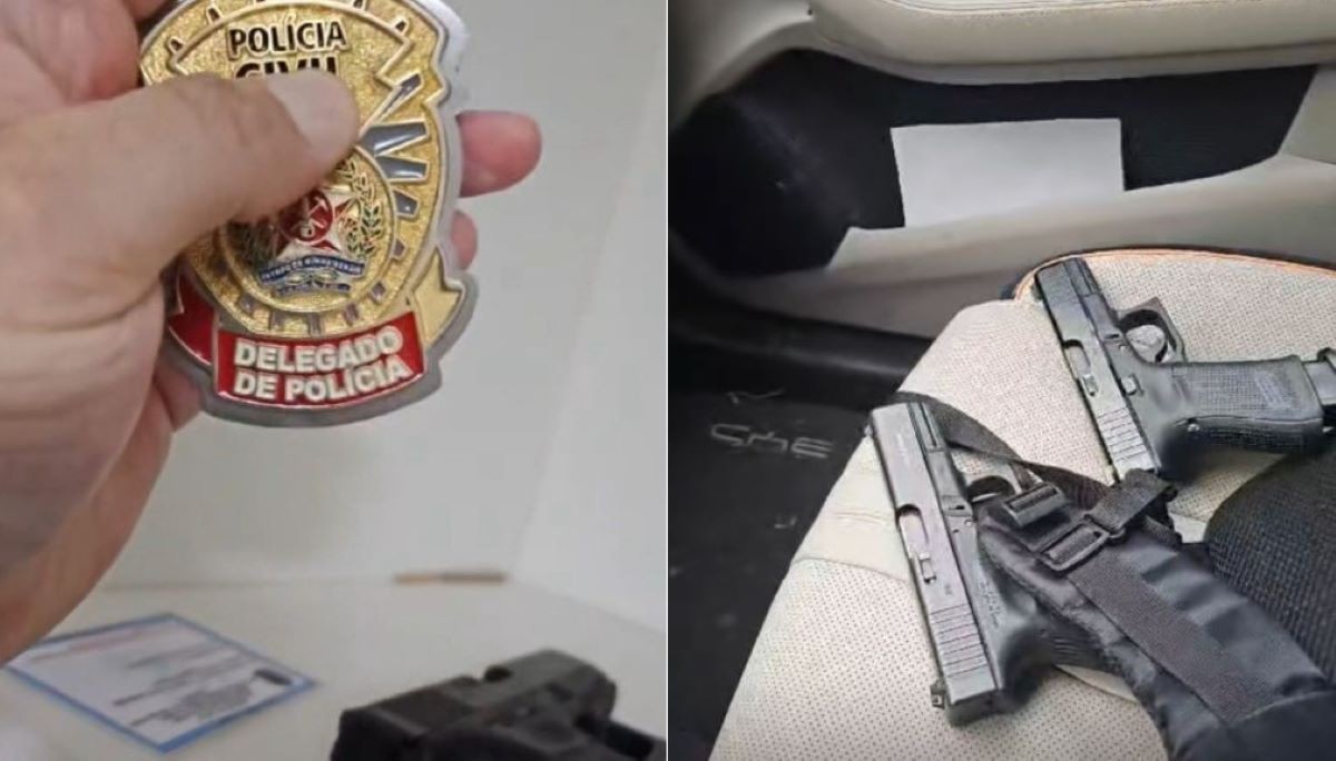 Renê da Silva Nogueira Júnior exibe armas e distintivo da esposa delegada 