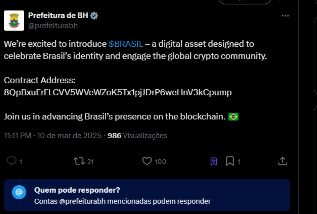 Perfil oficial da Prefeitura de BH no X faz postagem sobre criptomoeda  