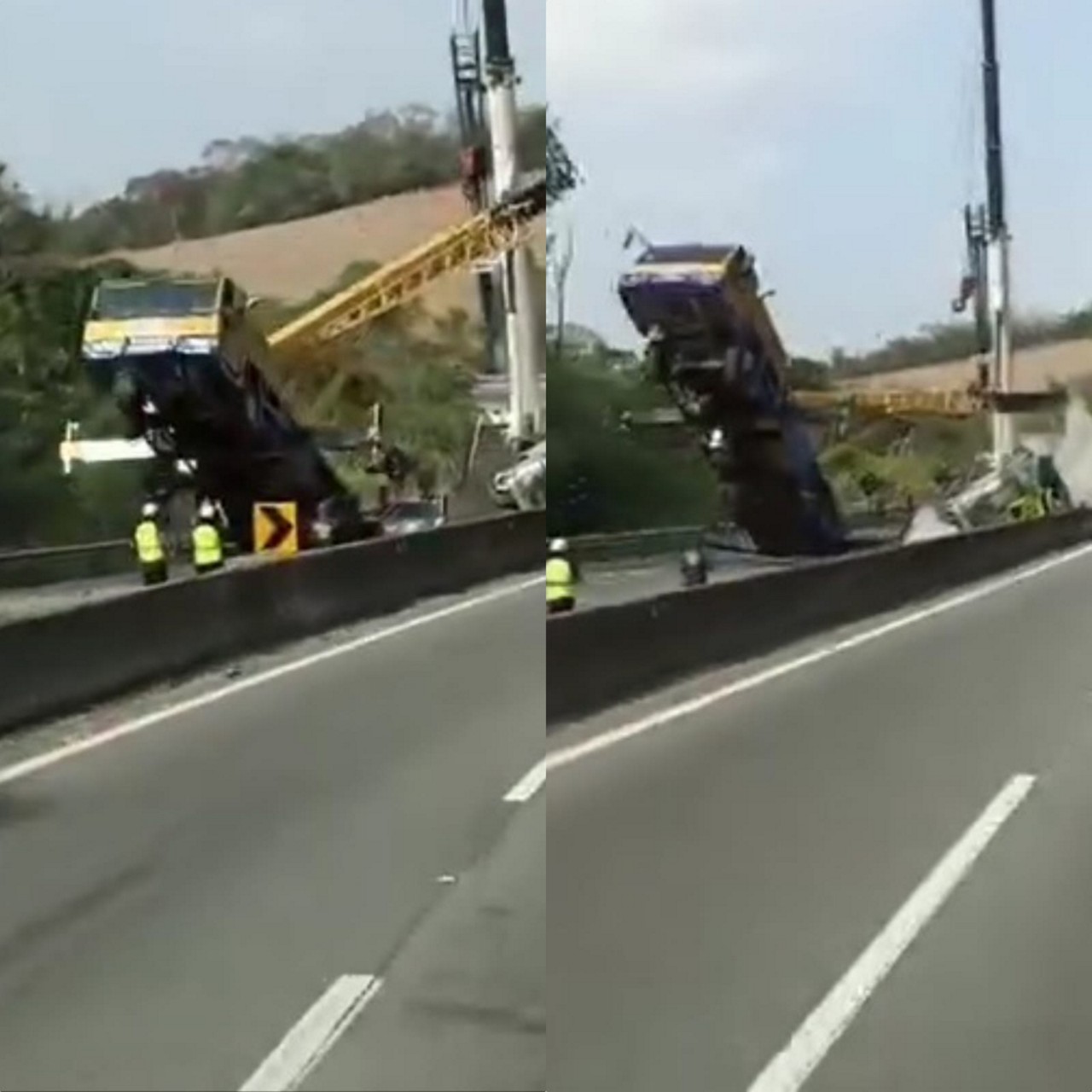 Guindaste sendo levantado enquanto tentava remover um caminhão