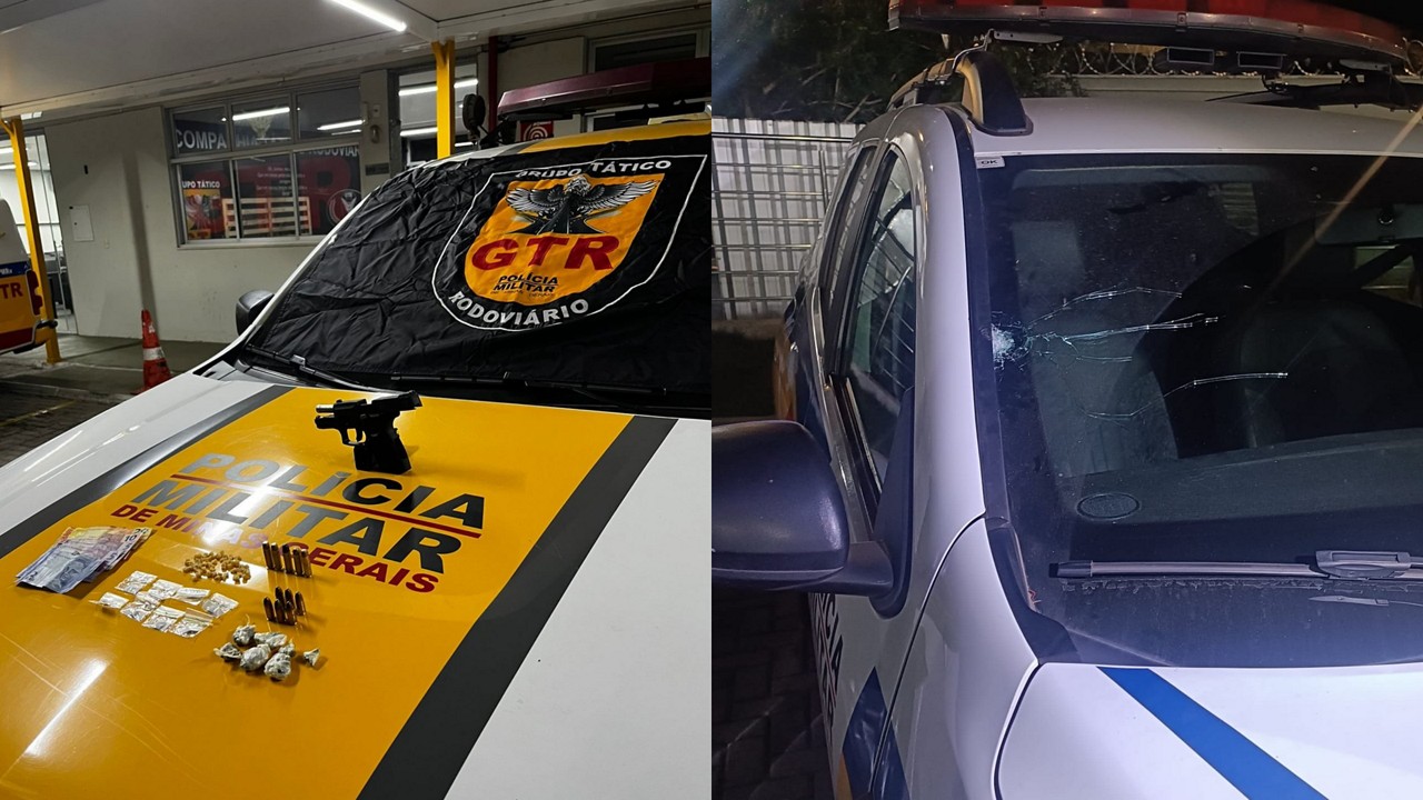 PM mostra material apreendido com o suspeito e viatura atingida por disparo  