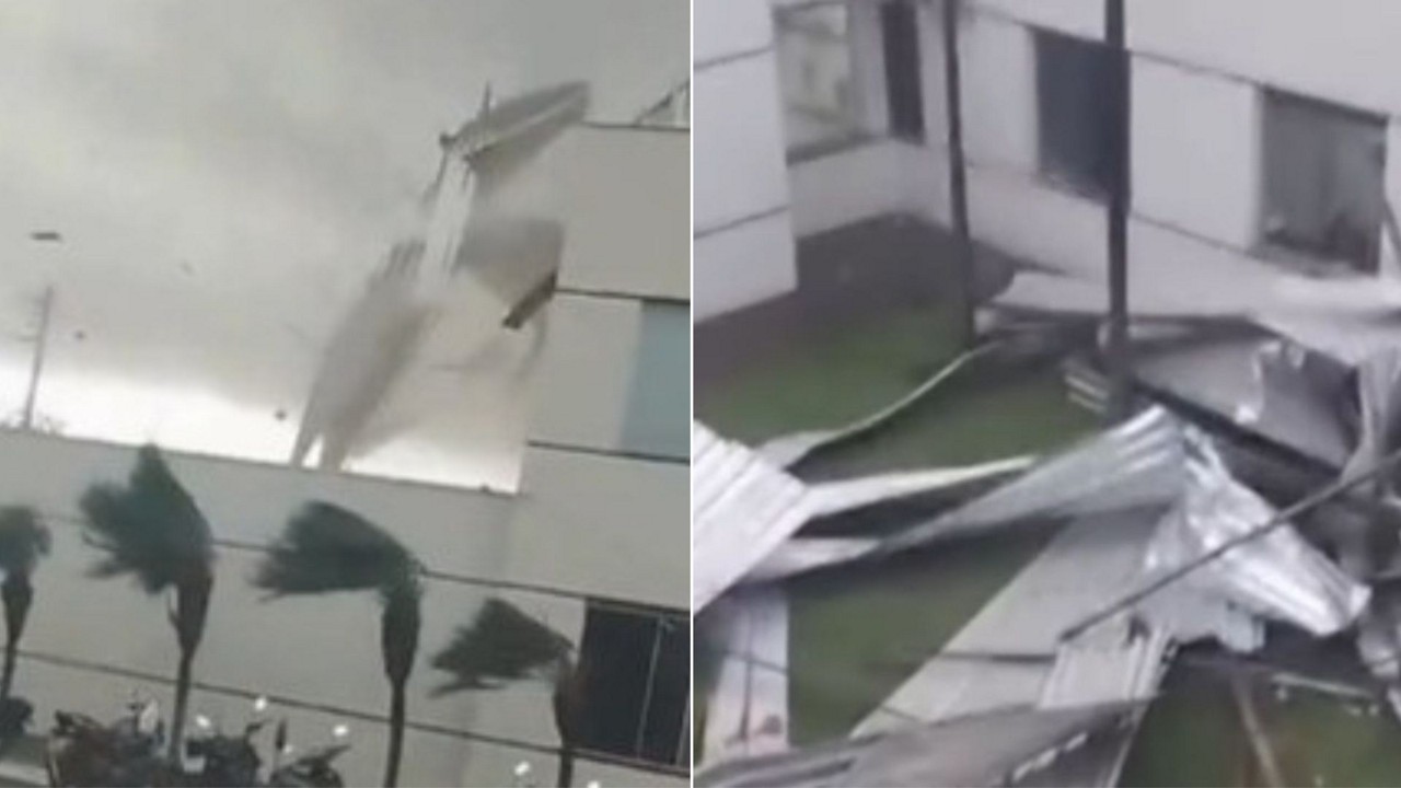 As imagens mostram uma grande quantidade de água invadindo a unidade de saúde e descendo as escadas após o telhado ser arrancado 