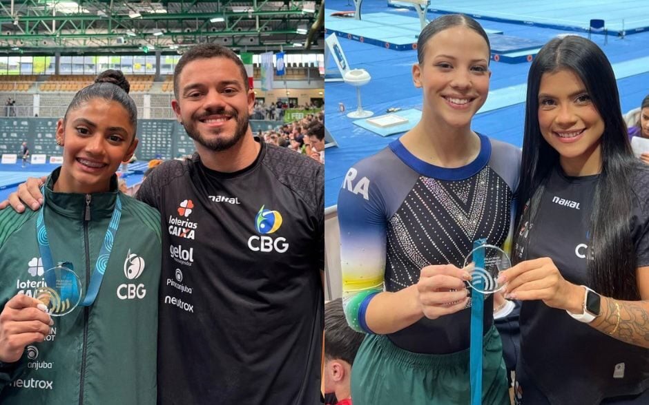 Gabriela Bouças com sua medalha de bronze e Gabriela Barbosa com medalha de prata (Foto: Reprodução/CBG)