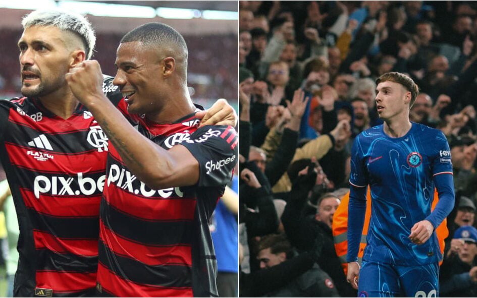 Arrascaeta e De La Cruz comemorando gol pelo Flamengo/Cole Palmer em ação pelo Chelsea (Foto: Gilvan de Souza/Flamengo e Reprodução/Chelsea)