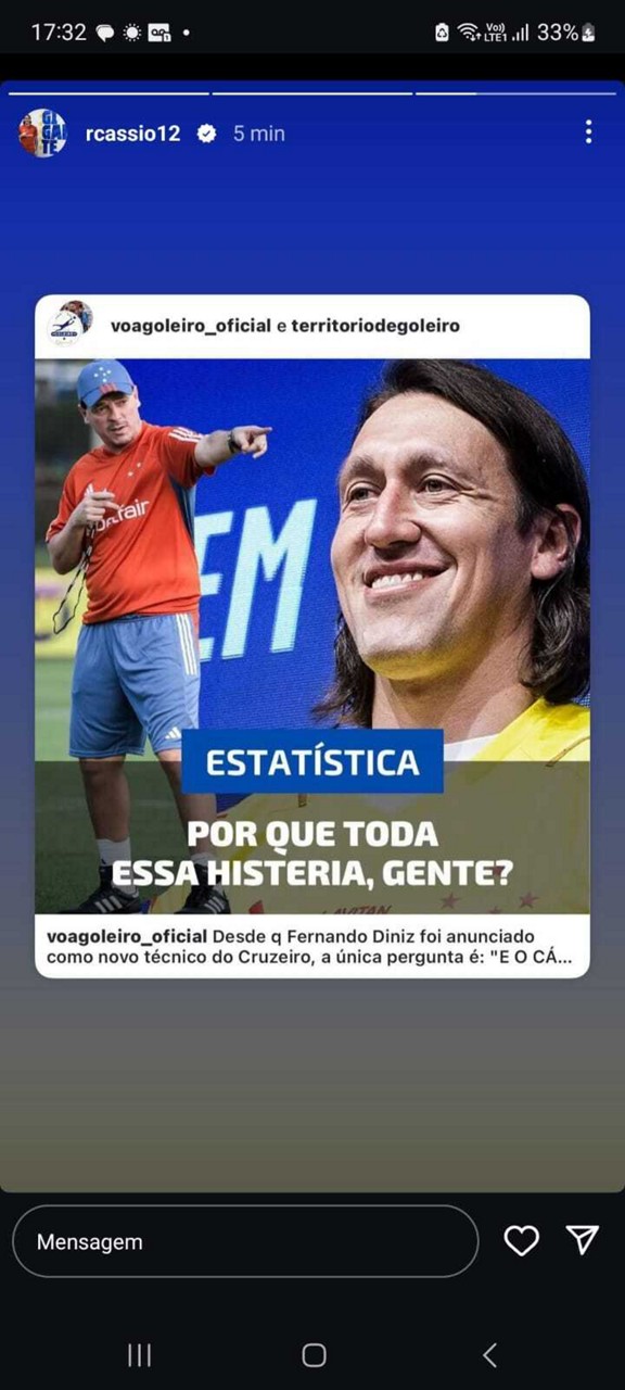 Goleiro do Cruzeiro postou publicação que exalta seus índices de acerto de passes e ostenta o título "Por que toda essa histeria, gente?"