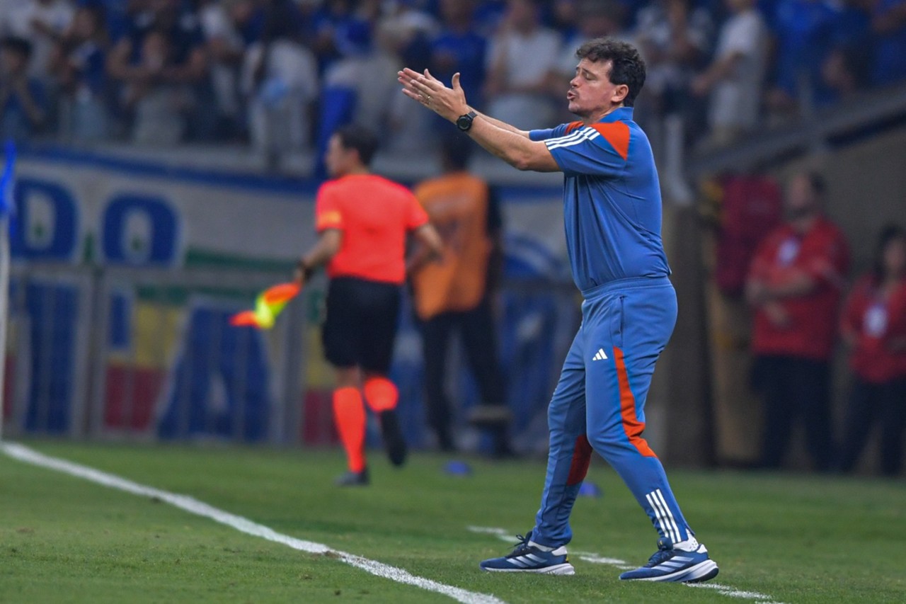 Fernando Diniz passa orientações para jogadores do Cruzeiro à beira do gramado do Mineirão