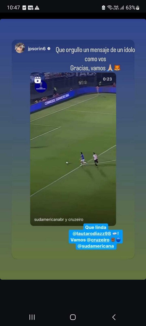 Atacante do Cruzeiro, Lautaro Díaz repostou mensagem de Sorín exaltando belo gol diante do Libertad, pela Sul-Americana 