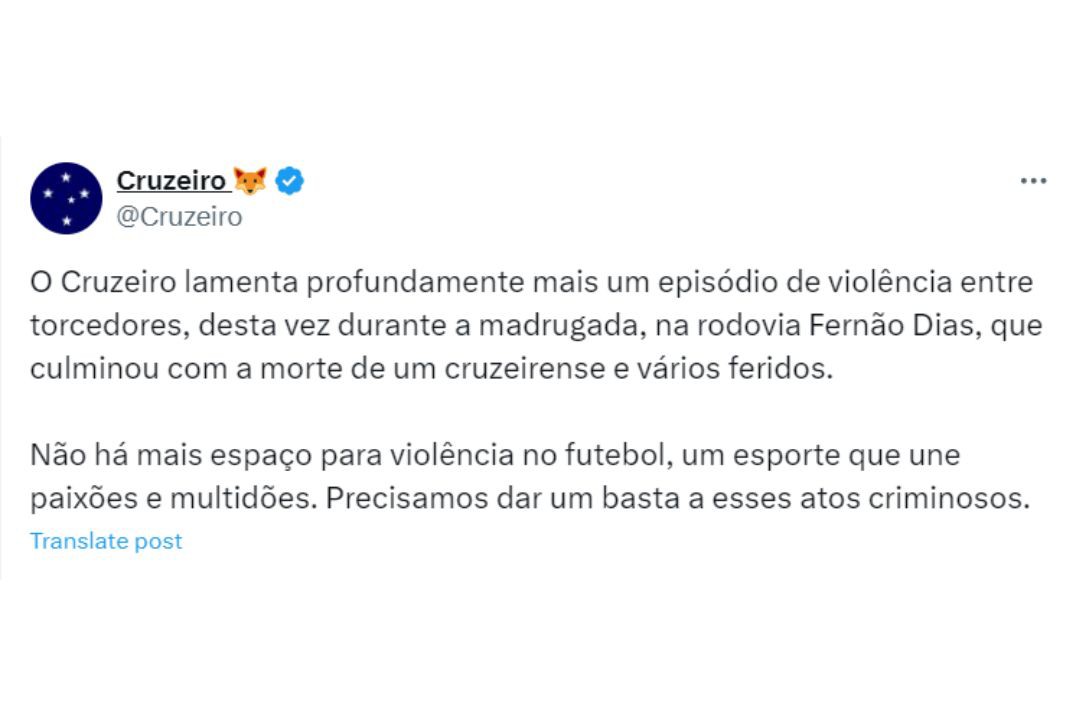 Cruzeiro lamenta morte de torcedor após ataque da Mancha Verde, do Palmeiras