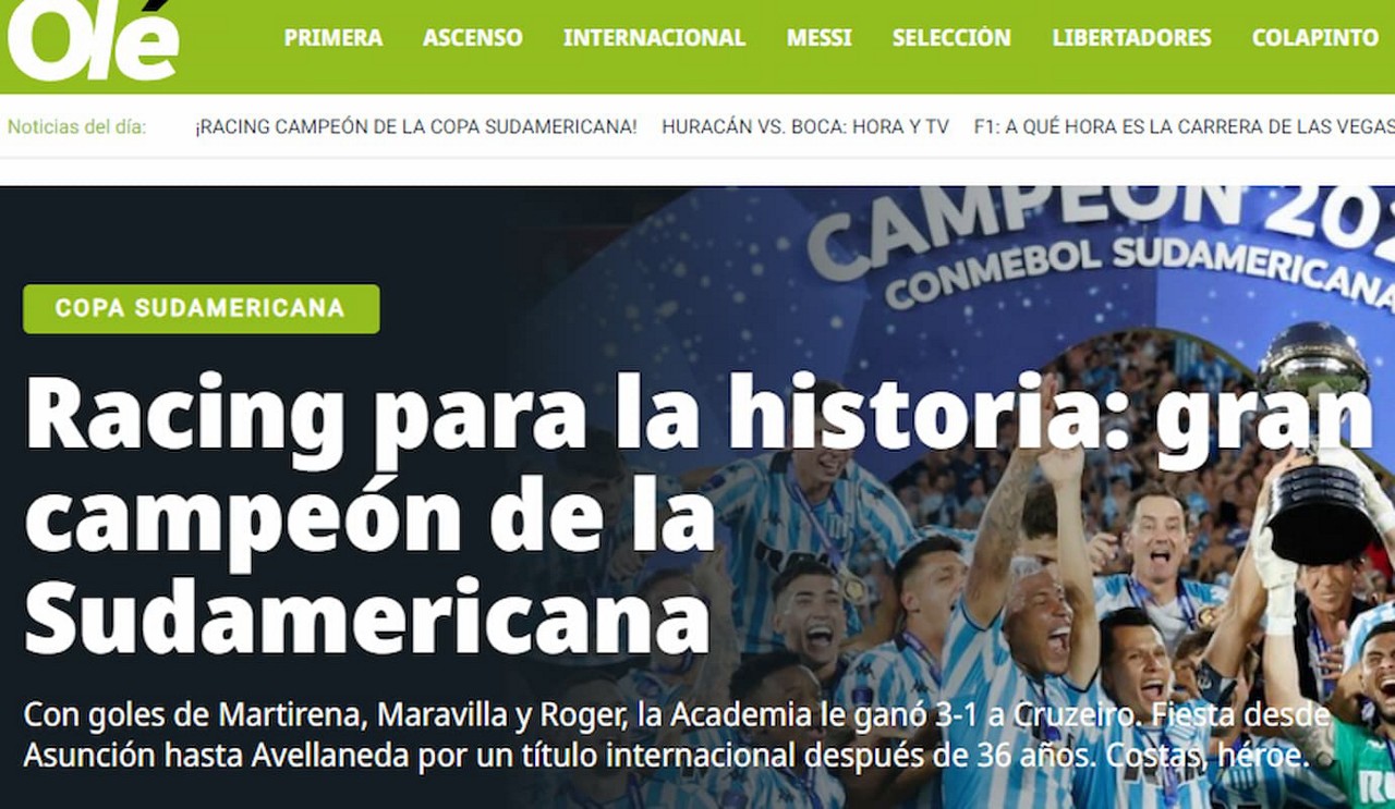 "Racing para a história", destacou o Diário Olé após o título inédito da equipe argentina
