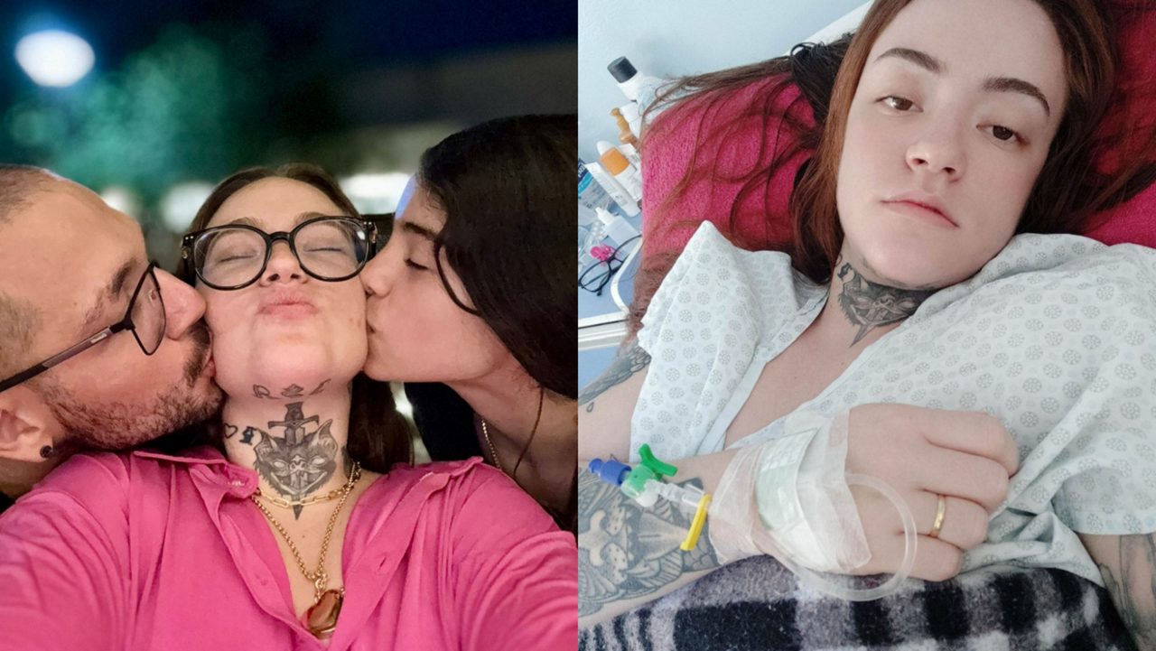 Carolina com o marido e a filha; e em uma das tantas internações 