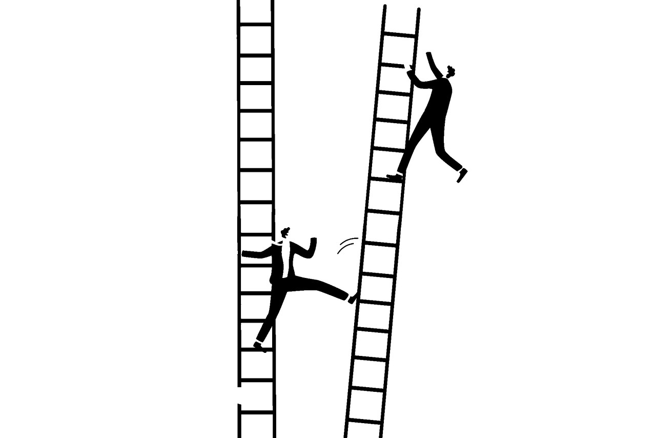 Jealous colleague or coworker envy for other being better or promoted, loser cheating competition or office politic dirty and dishonesty concept, businessman loser kick winner ladder to make him fall.