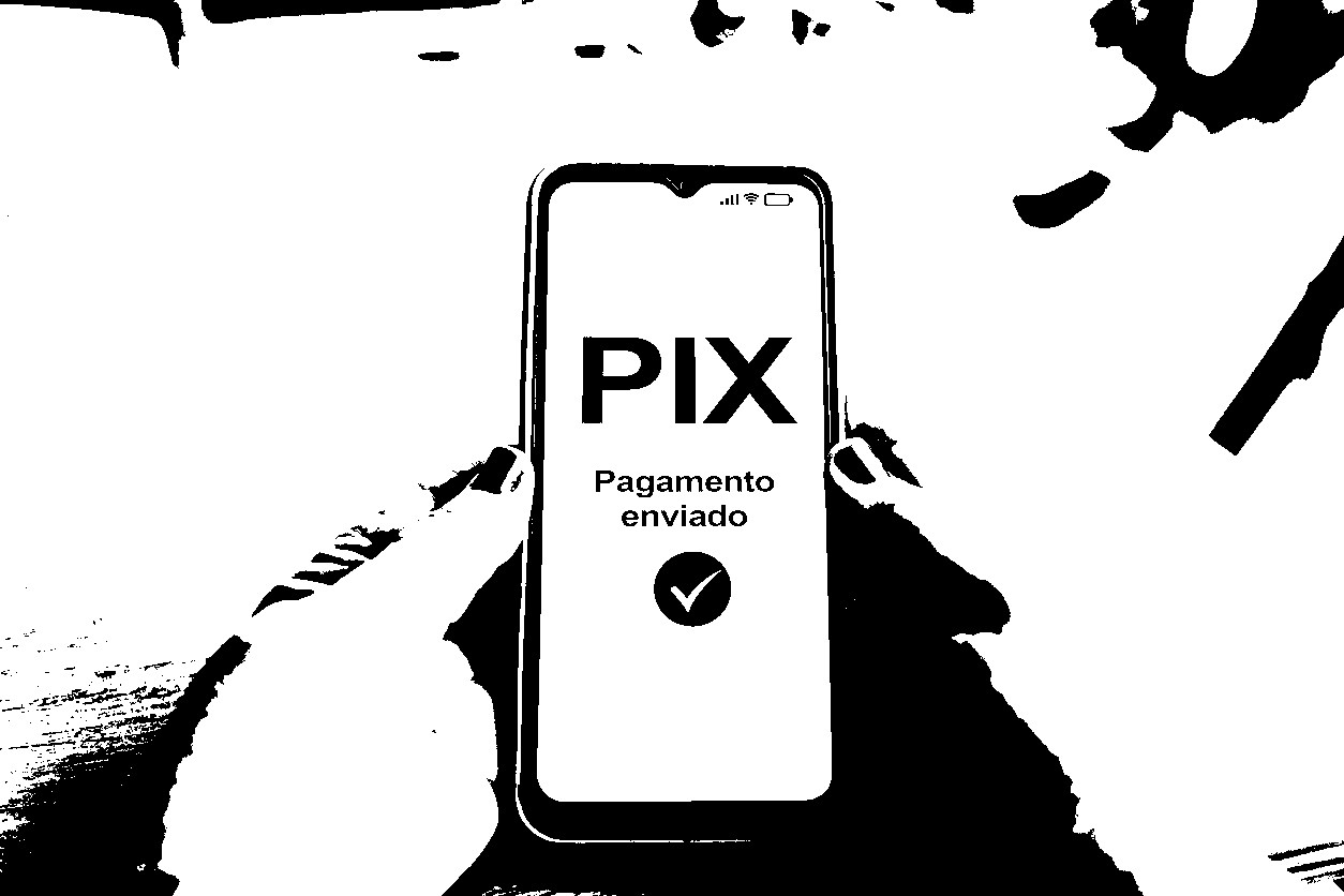 Hands holding a smartphone displaying a payment confirmation via Pix, illustrating the evolution of digital and cashless payment methods