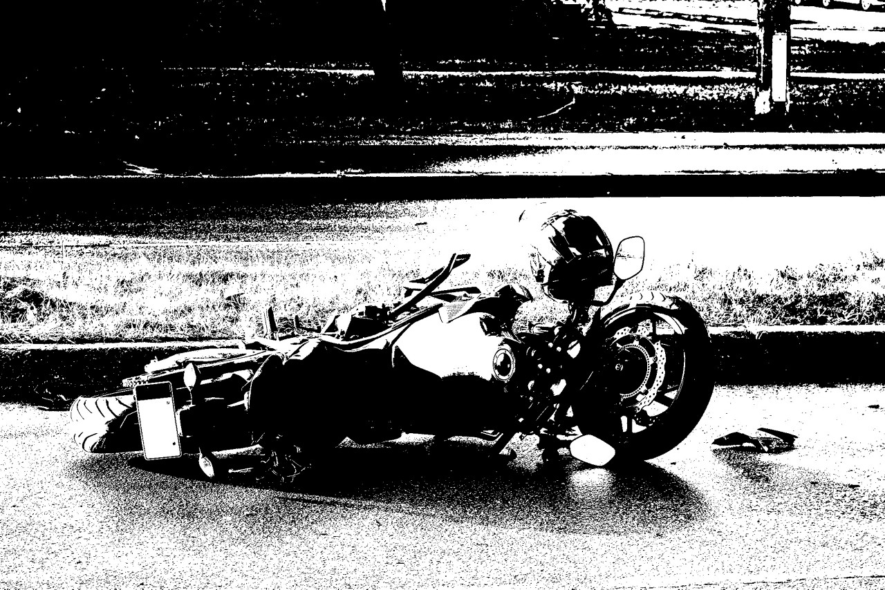 October 13, 2020, Riga, Latvia, damaged  motorbike on the city road at the scene of an accident