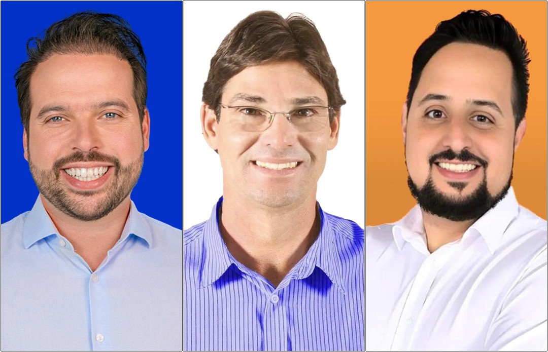 Os candidatos à Prefeitura de Ribeirão das Neves Túlio Raposo (PP), Vicente Mendonça (PT) e Diogo Fernandes (Novo)