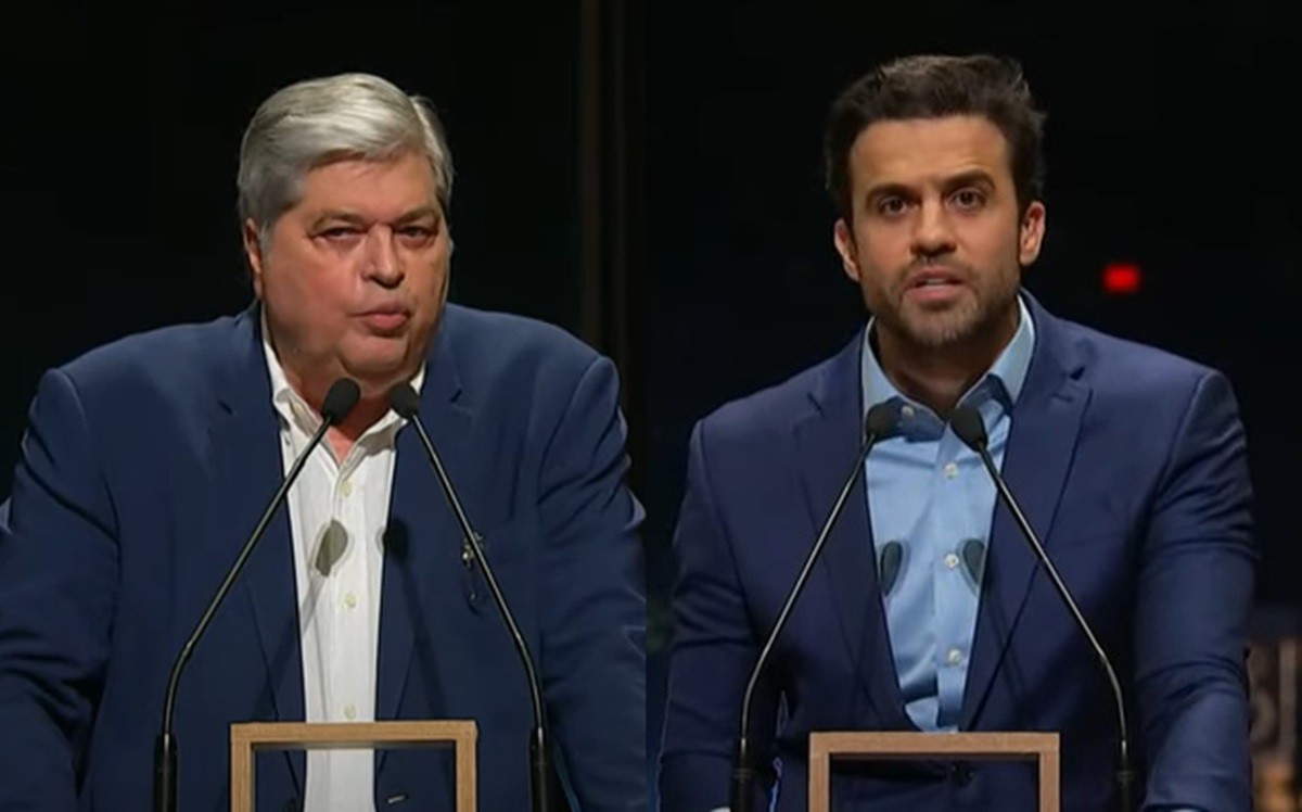 José Luiz Datena e Pablo Marçal antes de episódio de agressão no debate da TV Cultura, na noite de domingo (15)