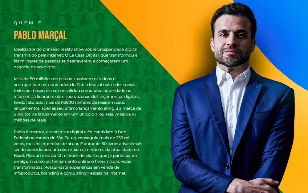 Marçal é descrito como mentor de mais de 1,3 milhão de alunos e "idealizador do primeiro reality show" sobre prosperidade digital transmitido pela internet, além de autor de mais de 60 livros motivacionais